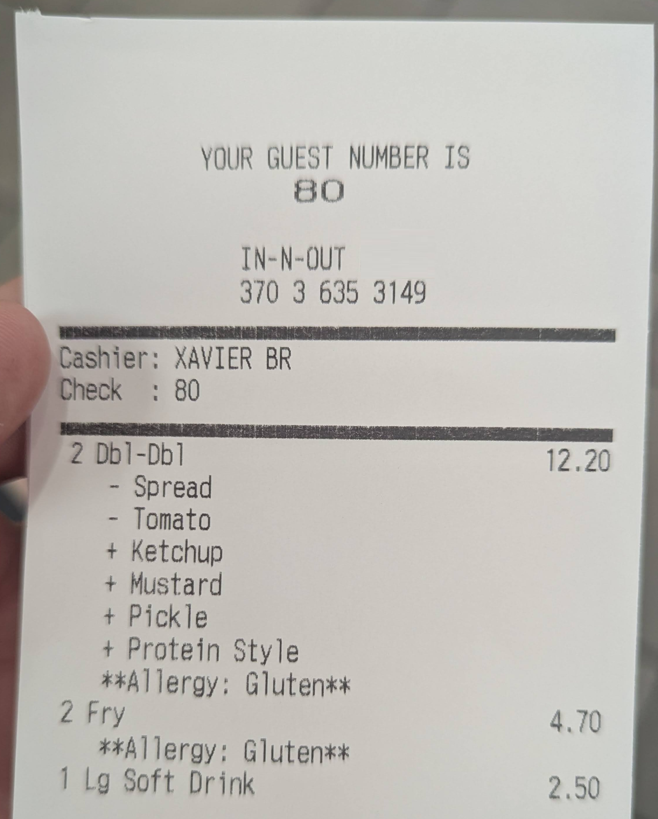 In-N-Out register receipt documenting the Gluten Allergy designation for burgers and fries